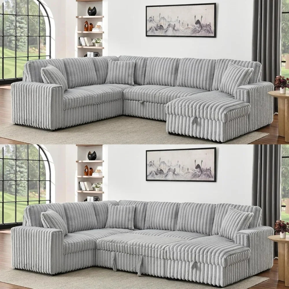 Sofa Couch Chunky Furry Corduroy Sofa with Storage Chaise and Charging Ports Pull Out Sofa Bed