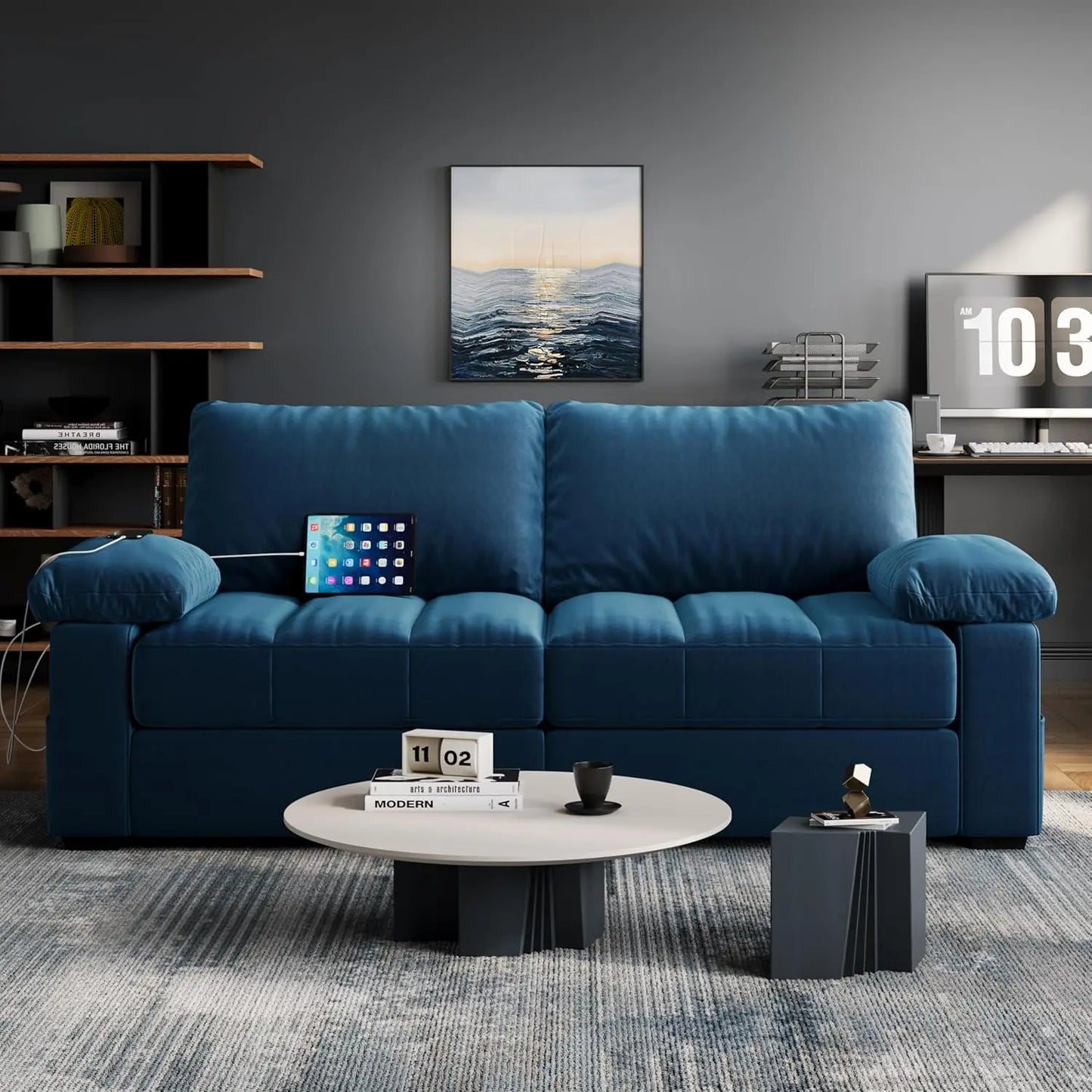 Velvet Living Room Sofa, Modern Recliner Couch with Pocket Coils Storage Pockets