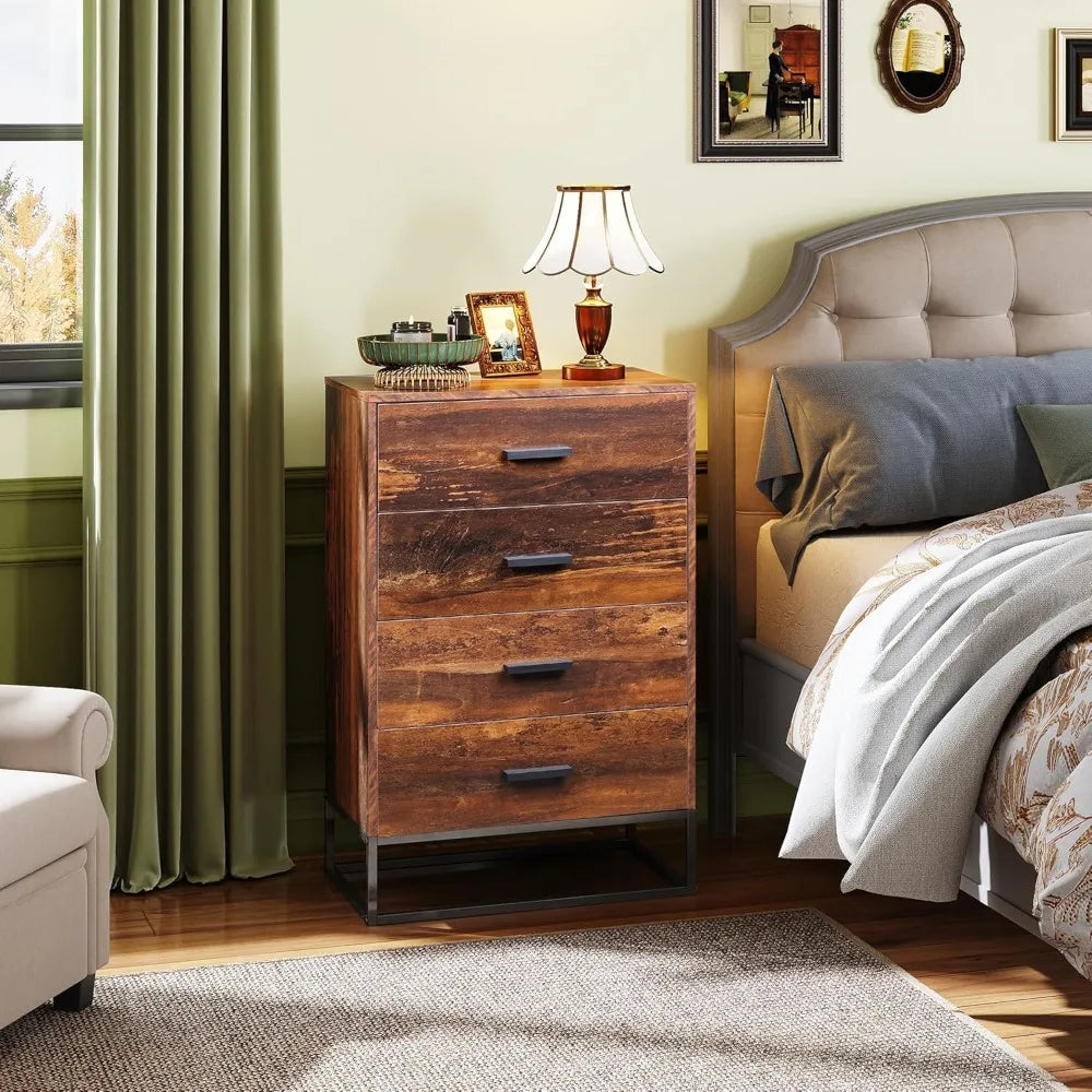 Wood Dresser for Bedroom with 4 Drawers, Chest of Drawers, Tall Dresser Drawers with Sturdy Metal Frame for Hallway