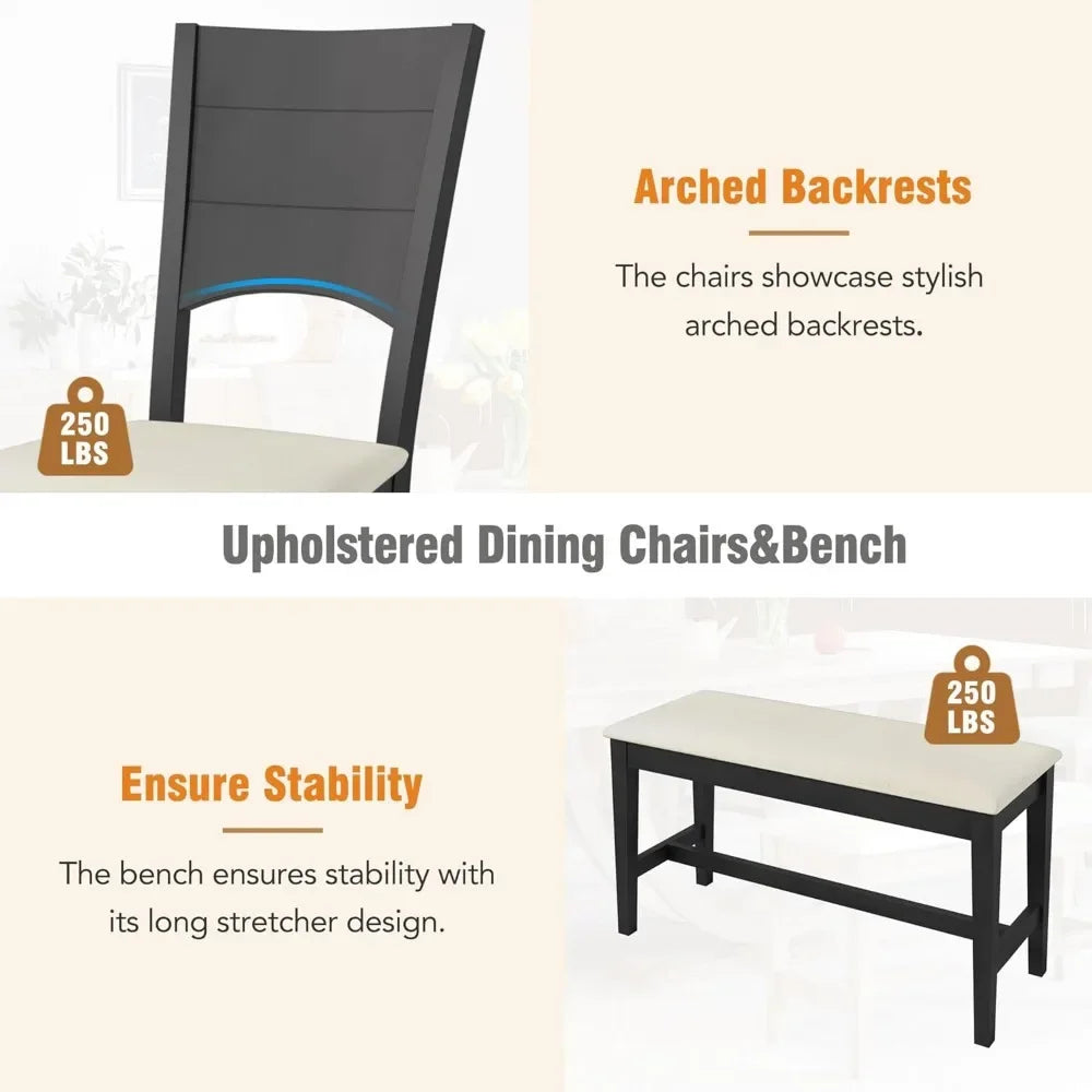 Dining Table Set, Half Round Table with Long Bench & 4 Upholstered Dining Chairs,