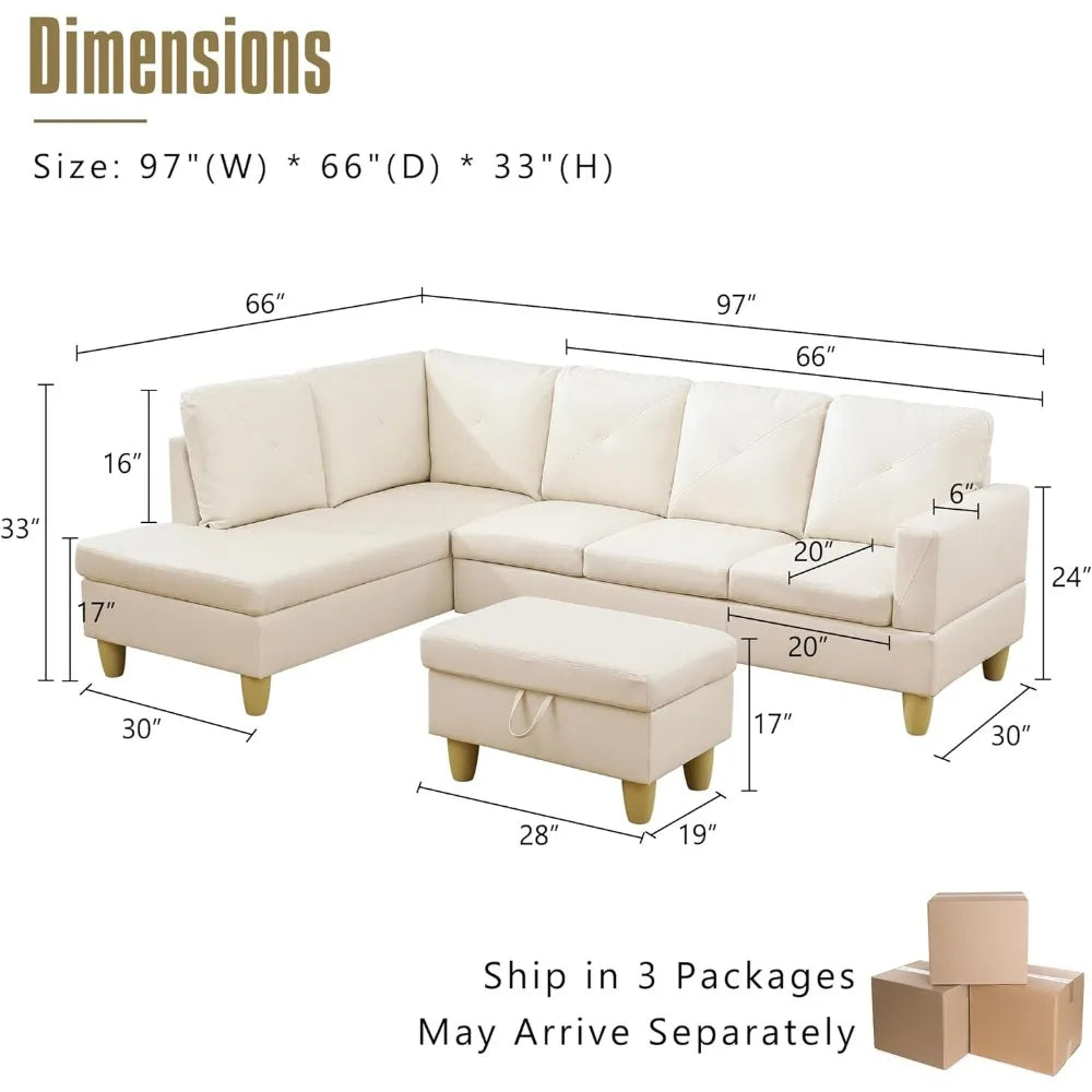 Sofa with Chaise, Faux Leather Modular Couch with Storage Ottoman, Convertible Sectional Sofa