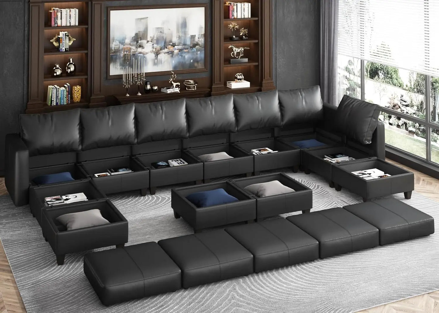 verbized Sectional Sofa Modular Couch with Reversible Chaises, Black Faux Leather