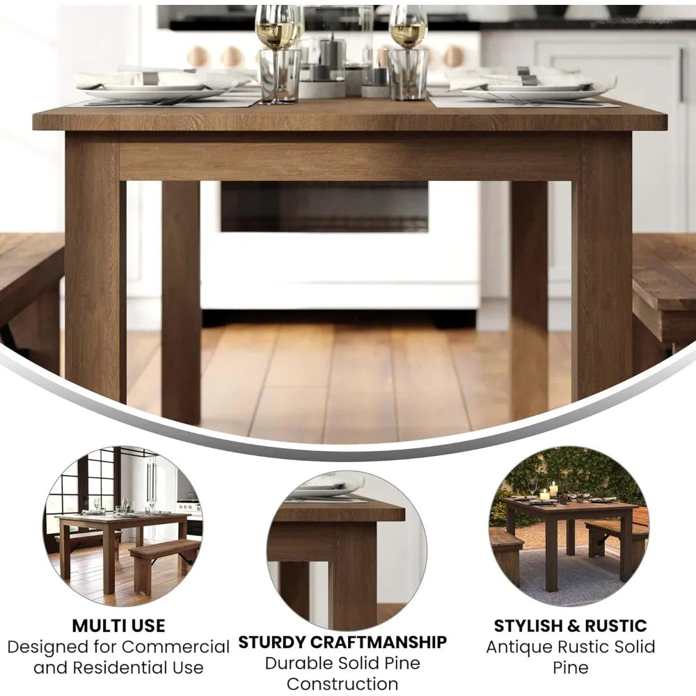 Rustic Brown Solid Wood Dining Table, Kitchen Table with Square Legs,