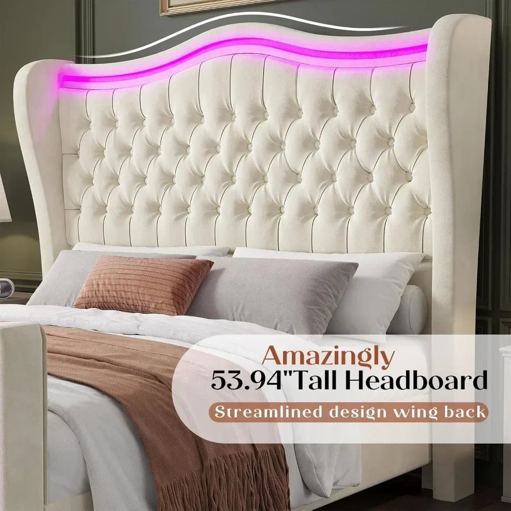 Upholstered Platform Wingback Bed with Handmade Deep Button Tufted Headboard Footboard