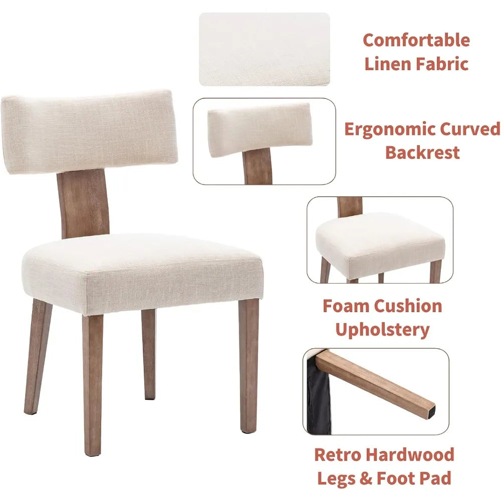 Dining Chairs Set of 6, Farmhouse Linen Fabric Upholstered Accent Chairs Curved Backrest Kitchen Chair