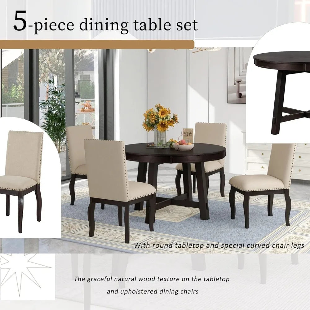 Designs Kitchen Dining Table Set for 4, Wood Round Extendable Table and 4 ChairsTable Set