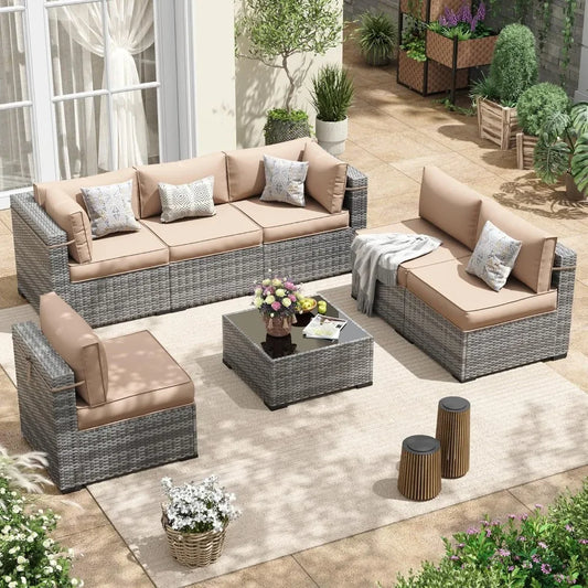 Patio Furniture Set,Outdoor Patio Furniture Wicker  Couch Set,7Pieces Outdoor Sectional Sofa with Patio Furniture Cover