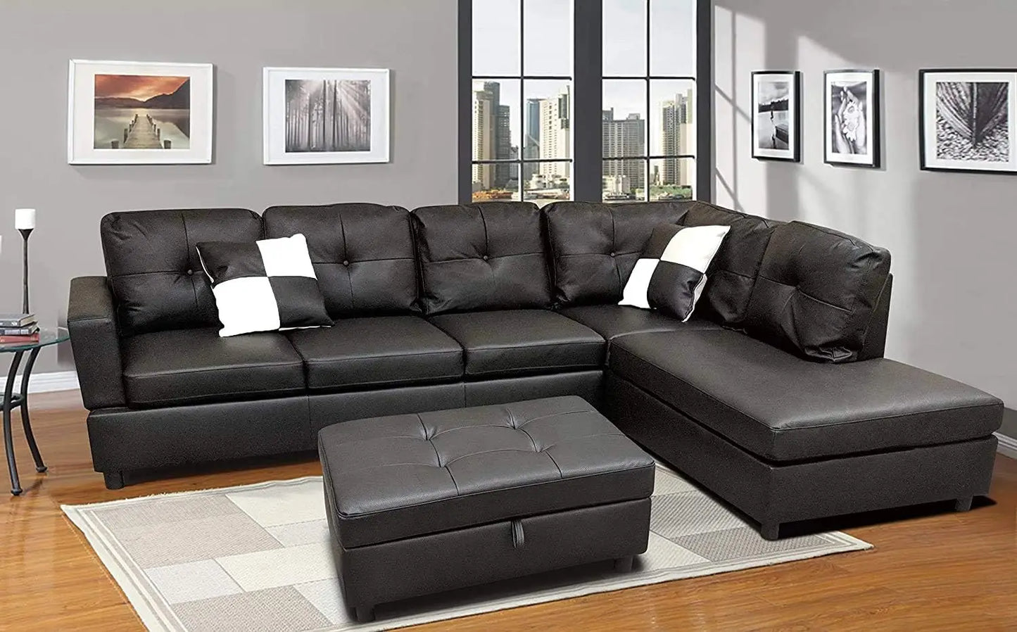 Sofa Sectional Sofa, L-Shape Faux Leather Sectional Sofa Couch Set with Chaise, Ottoman, 2 Toss Pillow Using