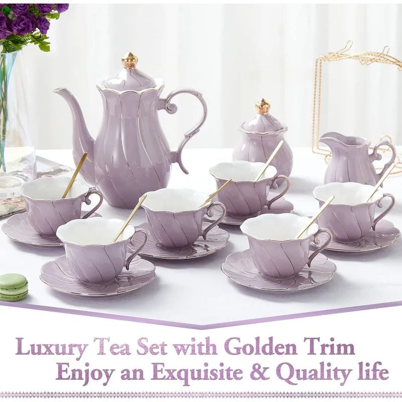 White Porcelain Tea Set for 6, Luxury British Style Tea/Coffee Cup Set with Golden Trim, Beautiful Tea Set for Women,