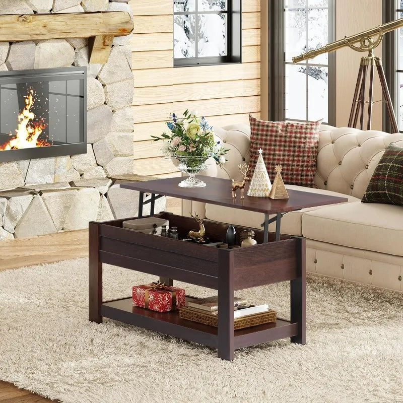 Modern Lift Top Coffee Table, Rustic Coffee Table with Storage Shelf