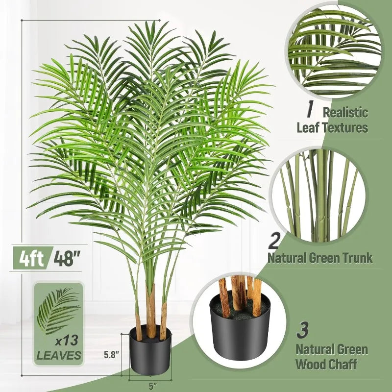 Artificial Palm Tree 4ft Tall Fake Indoor Decor with 13 Trunks and Real Bark Design Faux Tropical Areca Silk Floor Plant