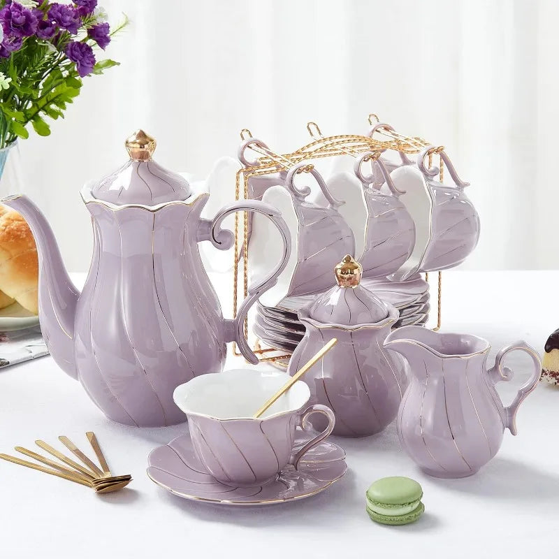 White Porcelain Tea Set for 6, Luxury British Style Tea/Coffee Cup Set with Golden Trim, Beautiful Tea Set for Women,