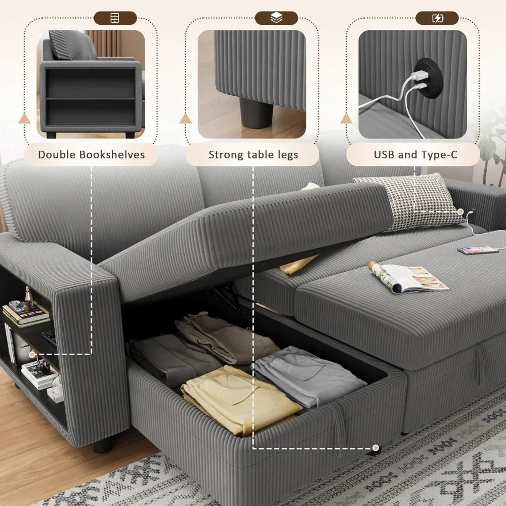 Sleeper Sofa, Sofa Bed with Built-in Large Storage and 2 Bookshelves, Convertible Sectional Sofa Couch