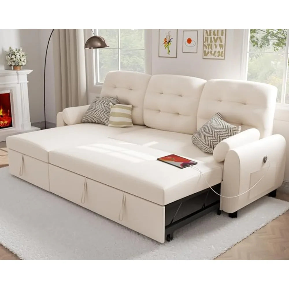 Sofa Bed with Reversible Storage Chaise Pull Out Couch for Living Room