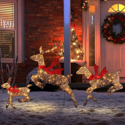 Rattan Reindeer Christmas Decorations Outdoor Yard Set of3,Indoor Decorations,LED Christmas Lighte