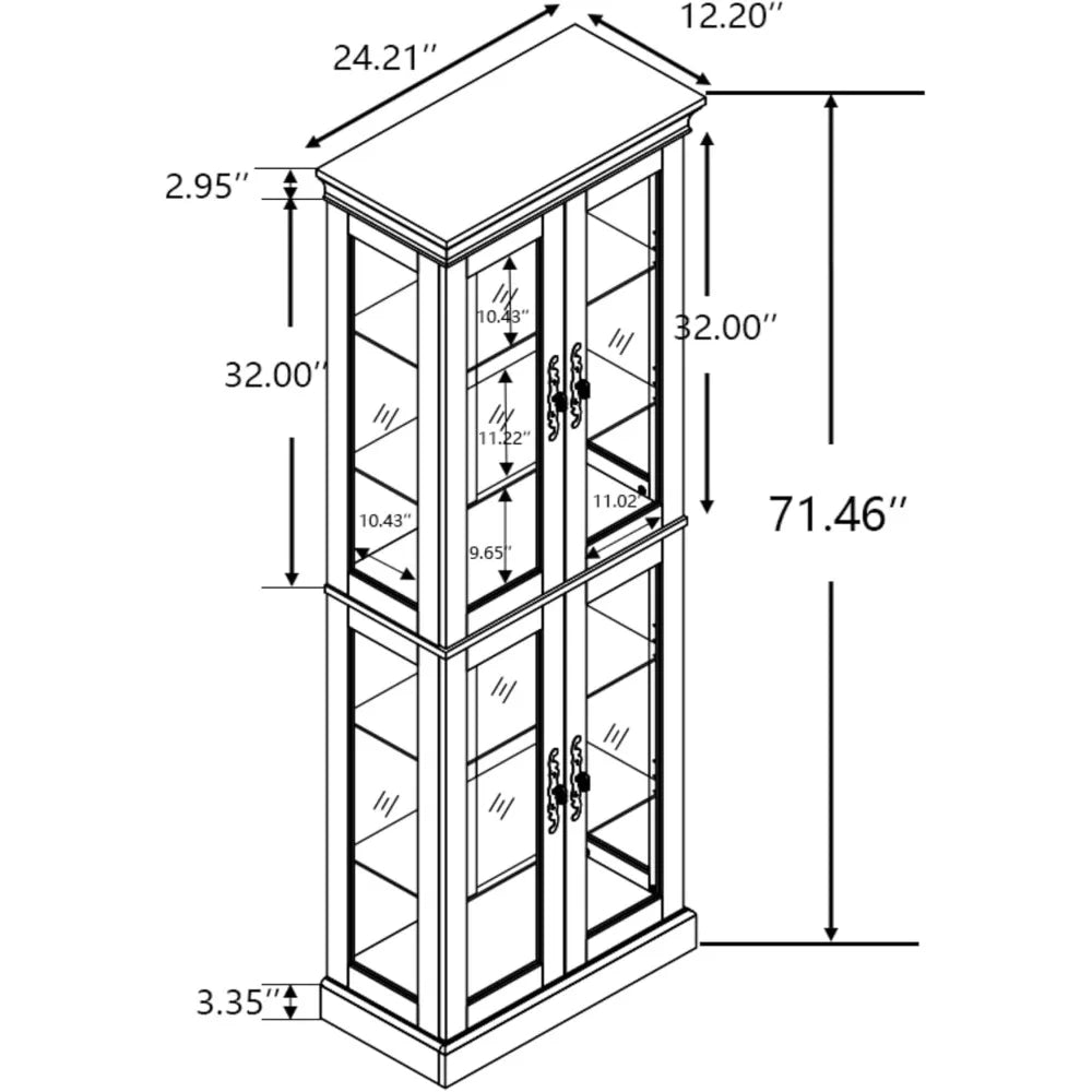 Lighted Glass Display Case, Wooden Wine Bar Cabinet with 6 Adjustable Shelves, Tempered Glass Doors,