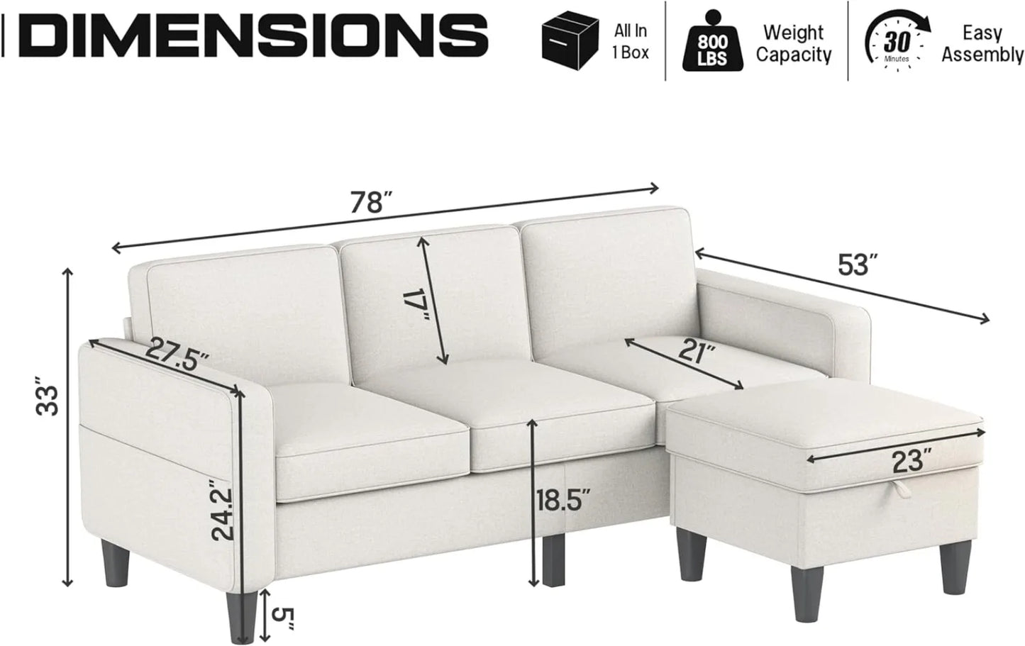 Sofa Couch Modern Beige Linen Fabric Upholstered 3-Seat L-Shaped Sofa Couch