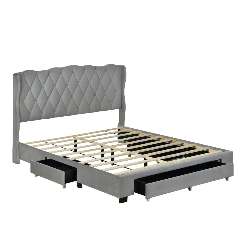 4-Pieces Bedroom Sets Queen Size Upholstered Bed with 3 Drawers,Mirrored Nightstands and Dresser with Metal handles and Legs.