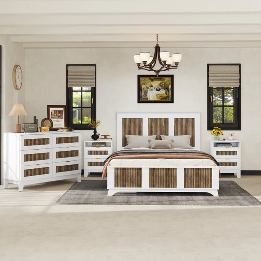 4-Pieces Bedroom Sets, Queen Size Farmhouse Platform Bed