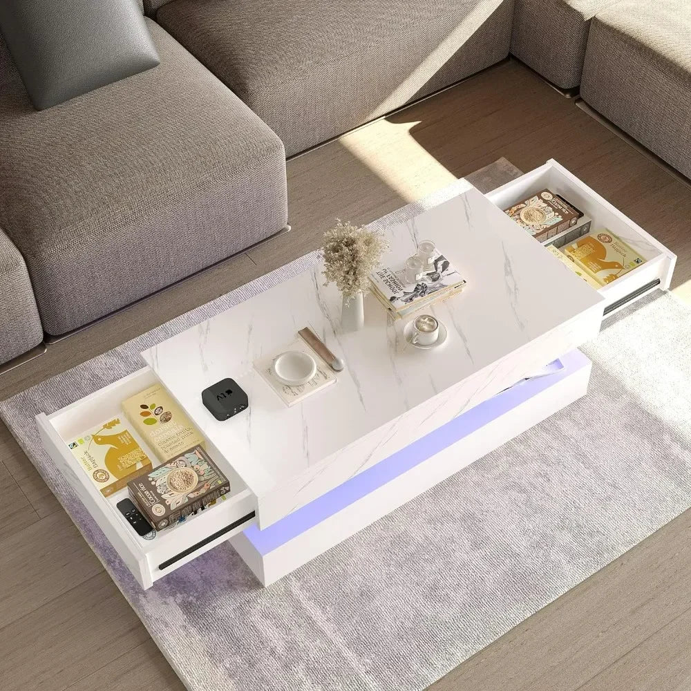 LED Coffee Table with 2 Storage Drawers, High Gloss White Coffee Tables