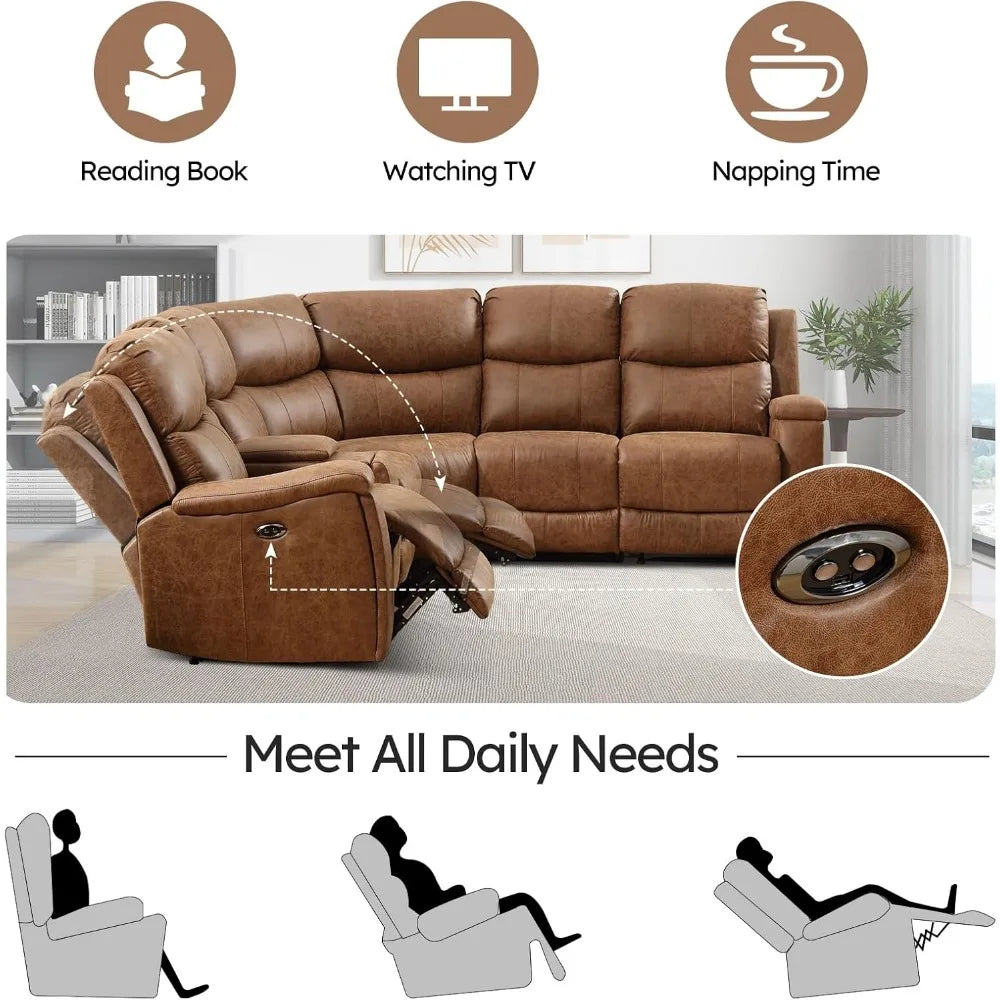 Power Recliner Sofa Sectional Couches, Concealed Cup Holder Storage Console, USB Port, Power Corner Sectional Reclining Sofa Set