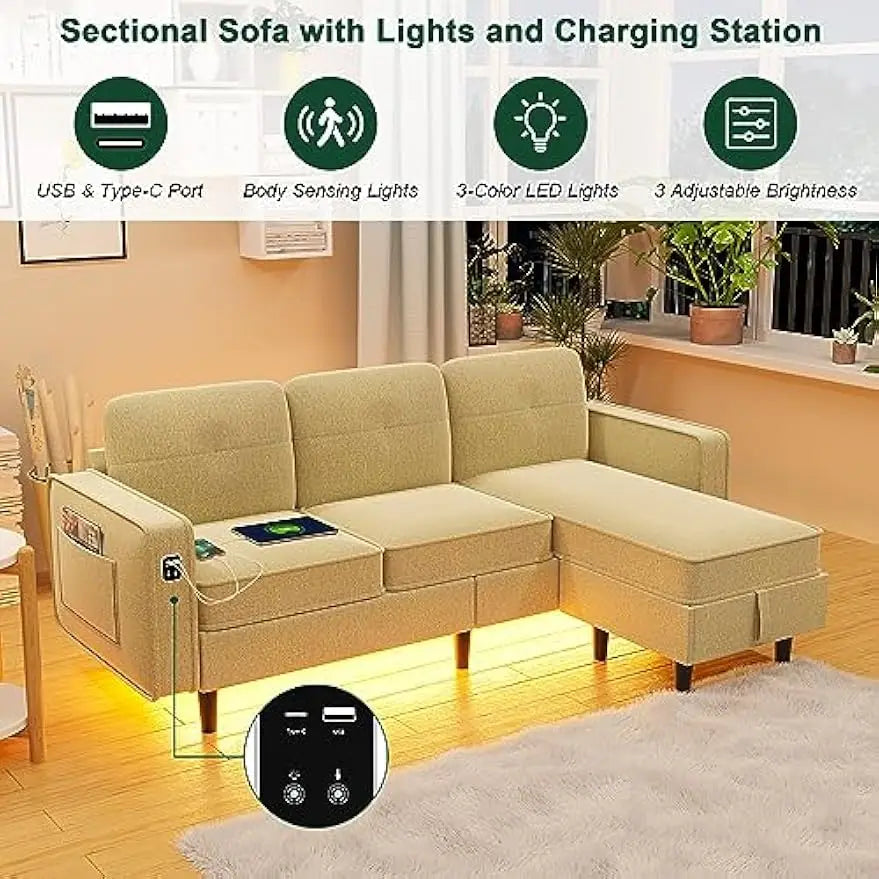 Sectional Sofa Couch with LED Lights/USB/Type C Port, Modern L Shaped Couch with Auto Sensor Light, Reversible