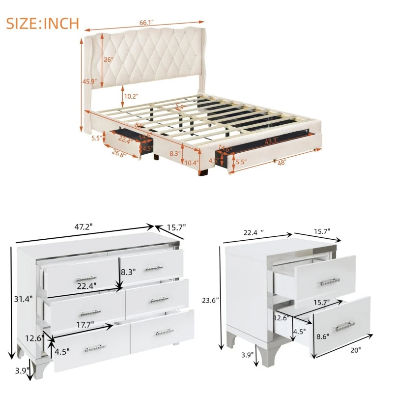 4-Pieces Bedroom Sets Queen Size Upholstered Bed with 3 Drawers,Mirrored Nightstands and Dresser with Metal handles and Legs.