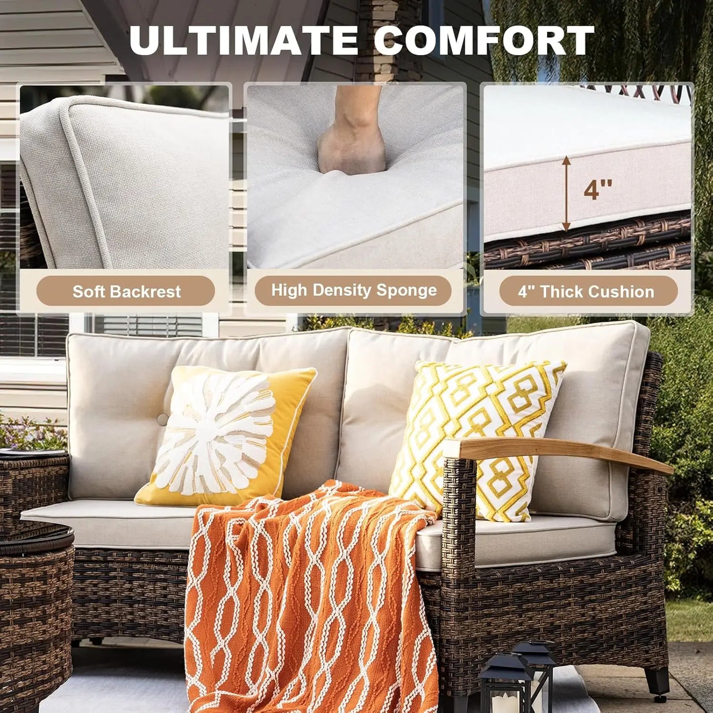 Outdoor Patio Furniture Set, Half-Moon Curved Sectional Sofa Rattan Conversation Set With Wood Armrests, Coffee