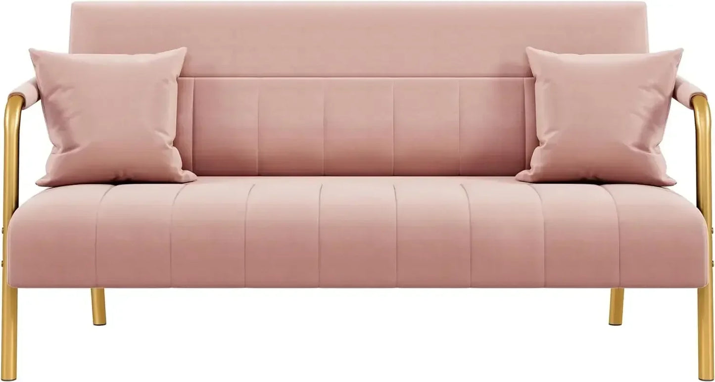 Sofa Luxurious Velvet Fabric Couch with Gold-Tone Metal Arms and Legs for Bedroom, Studio Pink