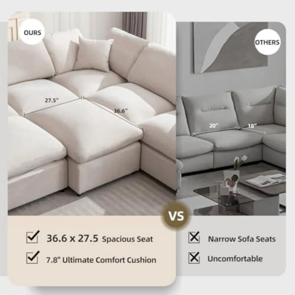 Sofa Modern Oversized Cloud Couch with Movable Ottoman 7 Seater L-Shaped Sofas Comfy Couches for Living Room