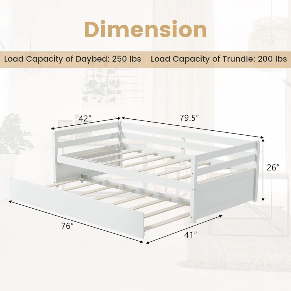 Twin Bed with Trundle, Wood Daybed Frame with Trundle, No Box Spring Needed Sofa Bed Frame, Twin Size Bed