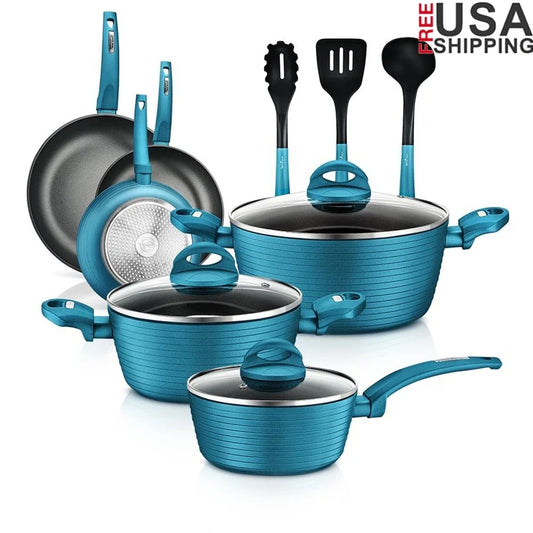 Nonstick Cookware Set with Lids Heat Resistant Handles Durable Aluminum Kitchen Pots Pans Cookware