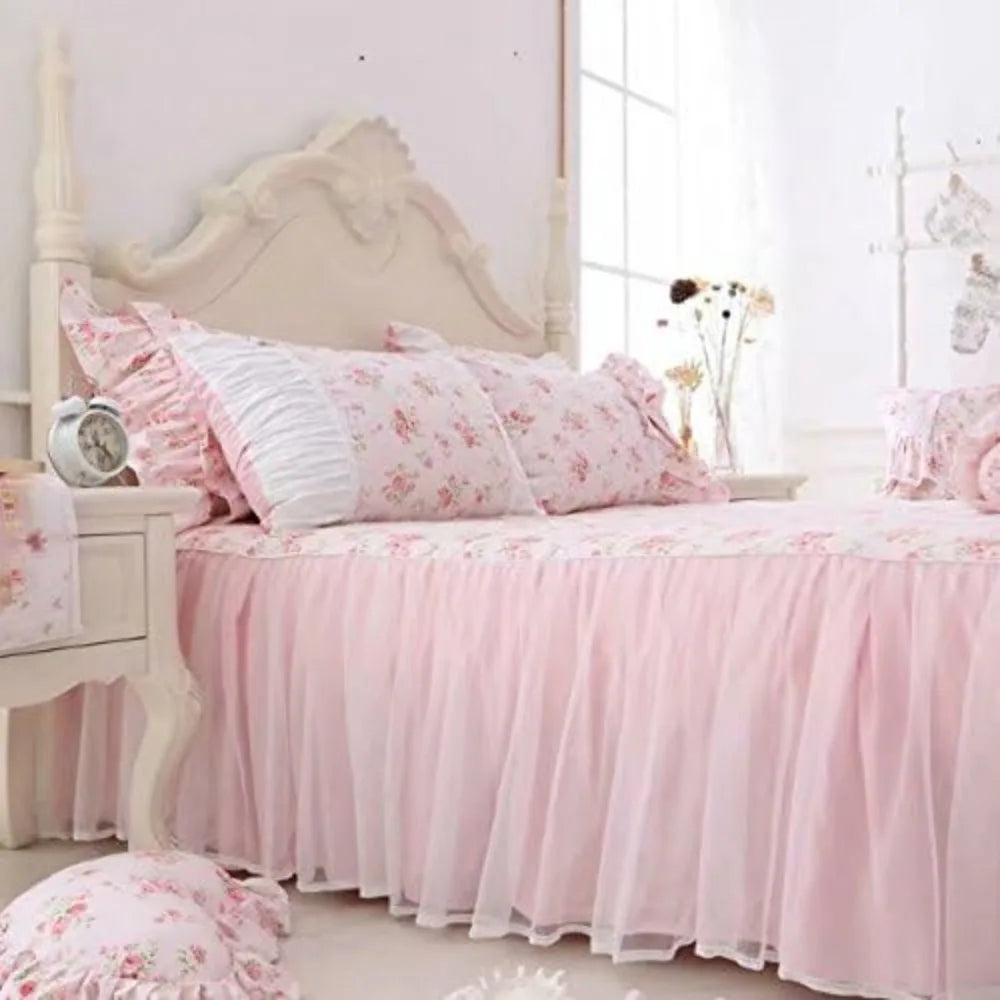 LELVA Romantic Roses Print Duvet Cover Set with Bed Skirt Pink Lace Ruffle Floral