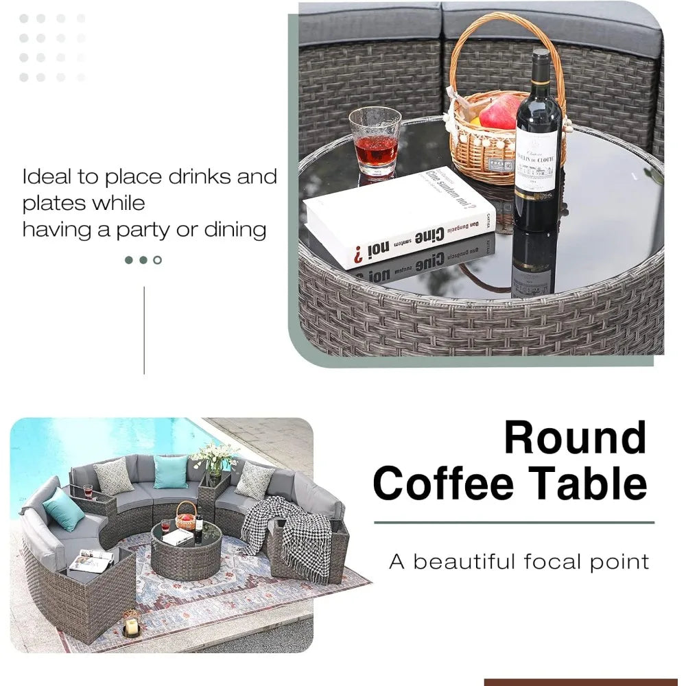 Furniture Sets with Tempered Glass Coffee Table and 4 Pillows, Half-Moon Sectional Round Set Curved Sofa Sets