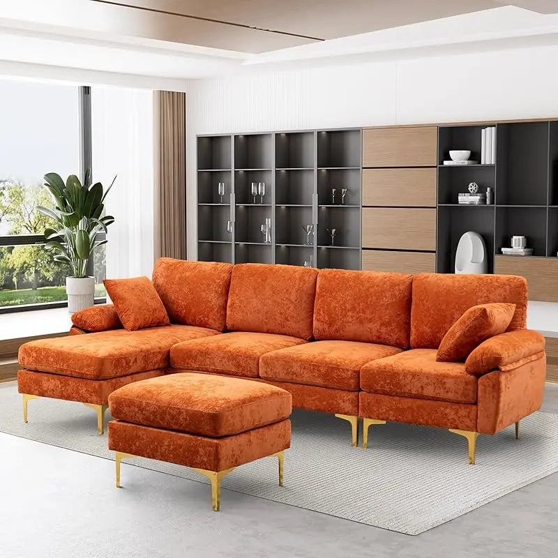 Sectional Sofa couch,4 Seat set for Living Room, Convertible L-Shaped Velvet with Chaise Lounge
