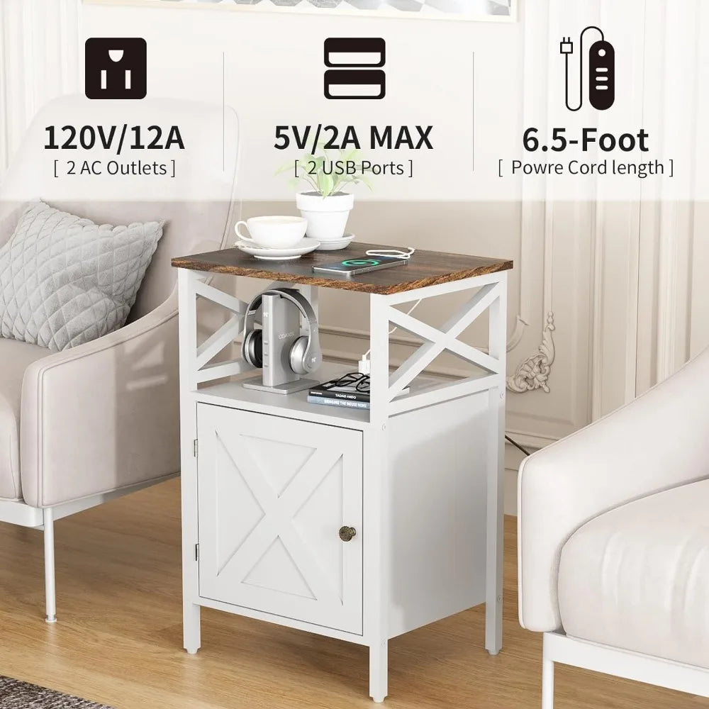 End Table with Power Outlet & USB Ports, Nightstand with 2 Tiers Storage Space and Storage Cabinet, Sofa Side Tables for Bedroom