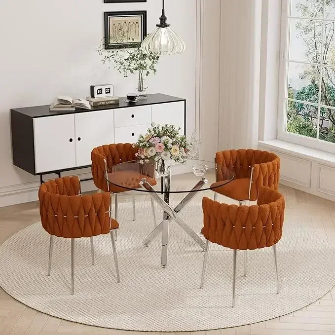 Dining Table Set for 4 with Grey Woven Dining Chair, 5 Pieces Minimalist Modern Round Glass Dinner Room Table Set
