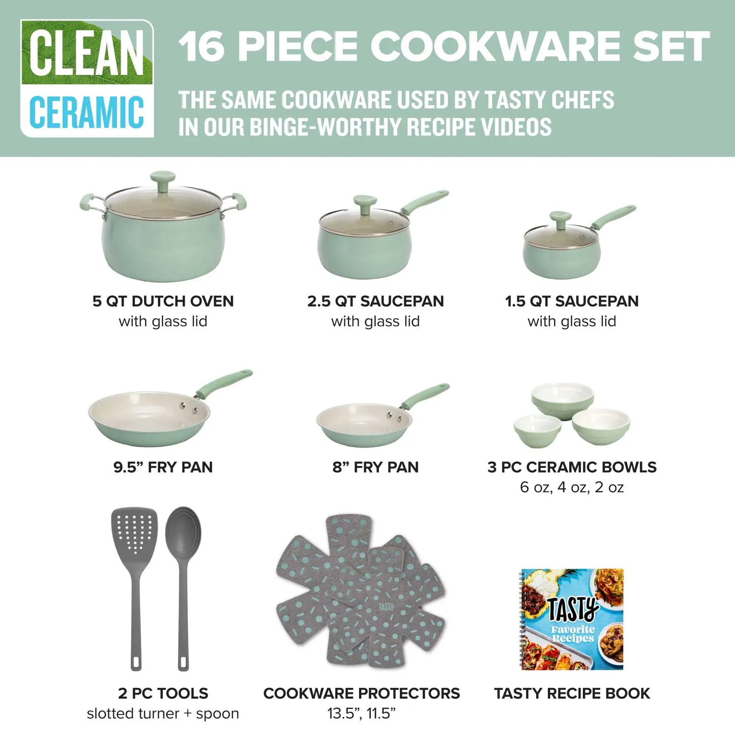 Tasty Clean Ceramic 16 Piece Non-Stick Aluminum Cookware Set, Sage Green