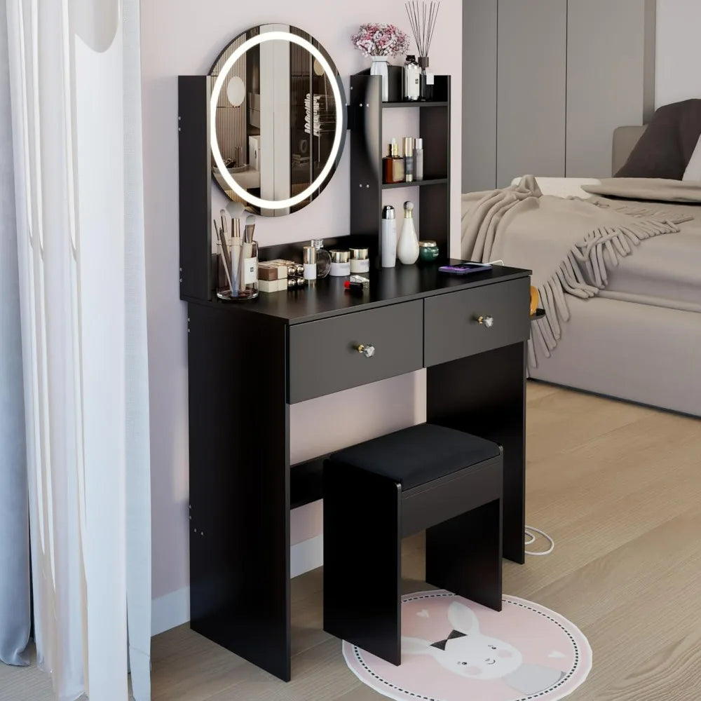 Table and Soft Cushion Stool Set,  Adjustable Brightness, Desktop, Multi-layer High Capacity Storage