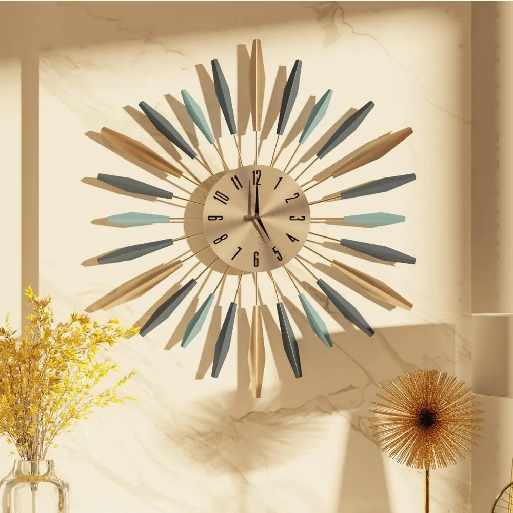 Large wall clock metal decoration, medieval silent no ticking clock, living room,