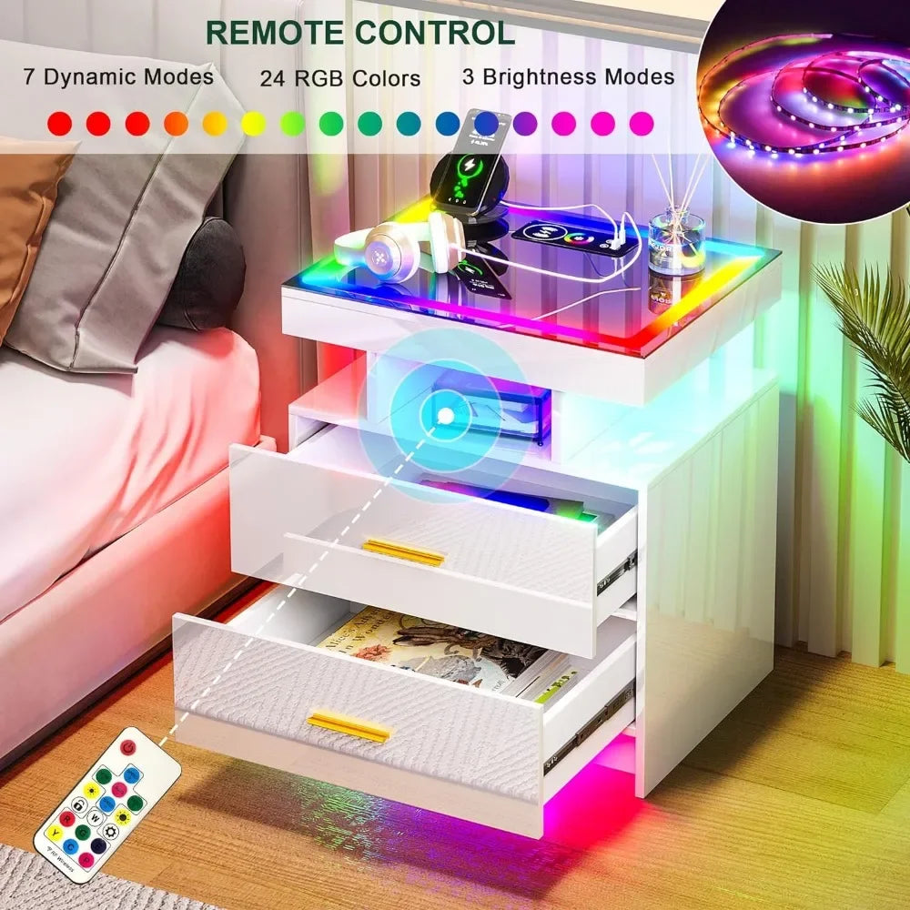 Furniture High Gloss Smart Night Stand With Drawer and RGB Dynamic Lighting Bedside Table Room