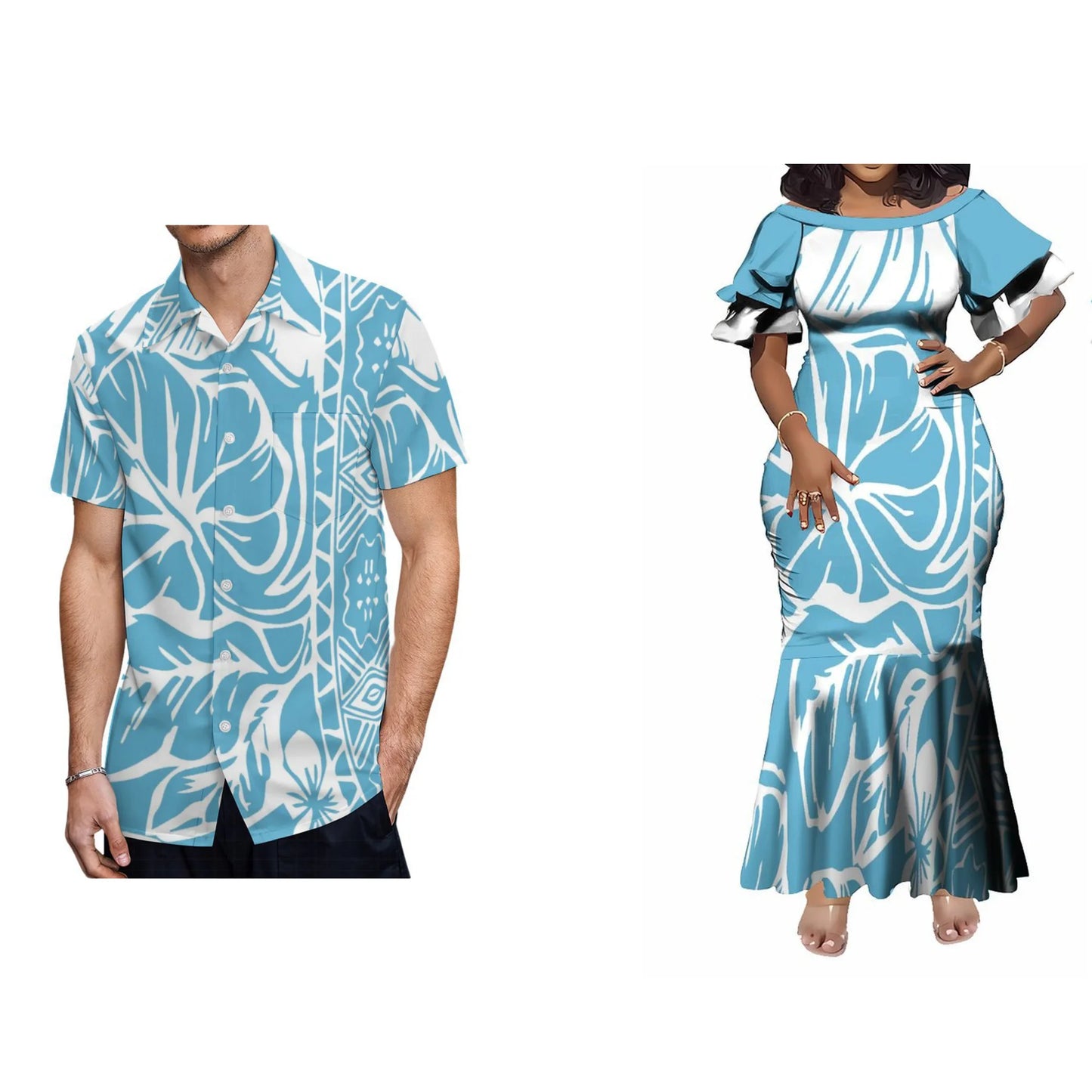 Wholesale Customized Double Layered Ruffle Sleeve Ladies Long Fishtail Mermaid Dress Polynesian Dress Plus Size Womens Clothing