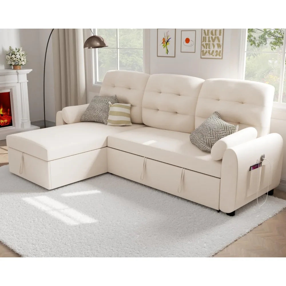 Sectional Sofa Couch, Sleeper Sofa Bed with Reversible Storage Chaise Pull Out Couch for Living Room  Side Pocket