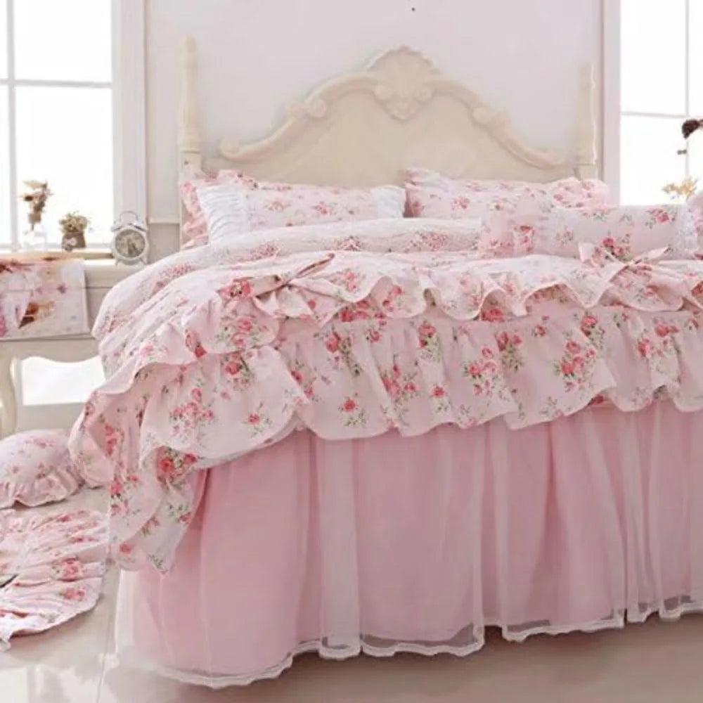 LELVA Romantic Roses Print Duvet Cover Set with Bed Skirt Pink Lace Ruffle Floral