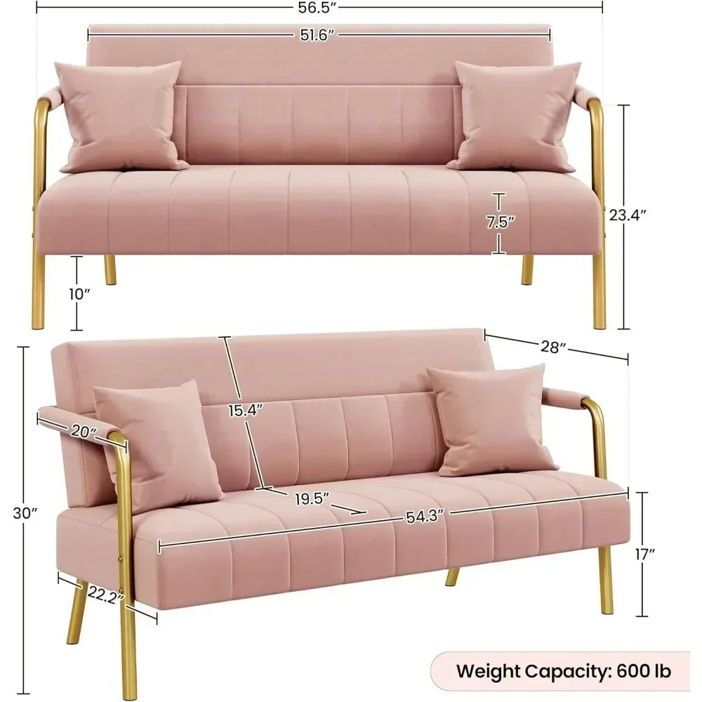 Sofa Luxurious Velvet Fabric Couch with Gold-Tone Metal Arms and Legs for Bedroom, Studio Pink