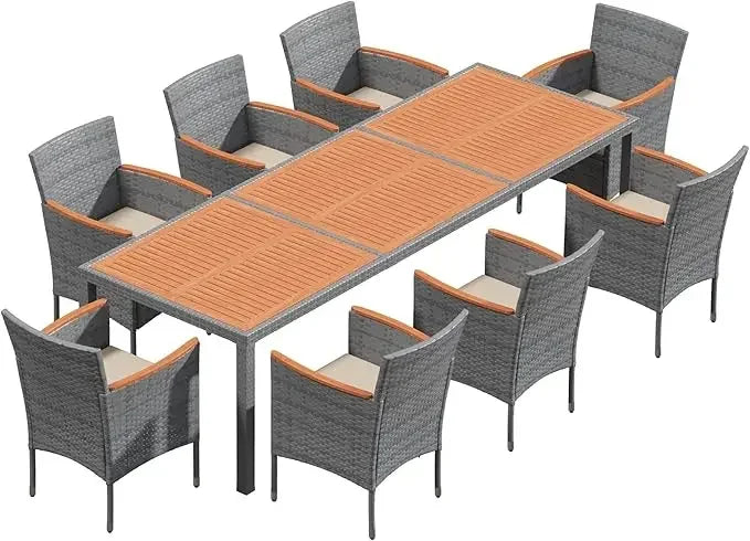 Patio Dining Set Outdoor Acacia Wood Table and Chairs with Soft Cushions Wicker Patio Furniture for Deck