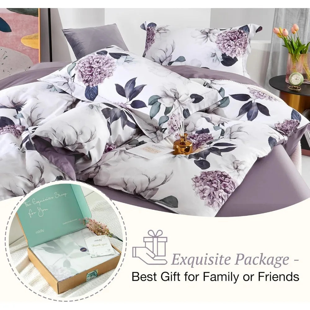 Long-Staple Cotton Duvet Cover Set Purple Hydrangea Lotus Flower Pattern Printed Comforter Cover 3pcs, Ultra Soft