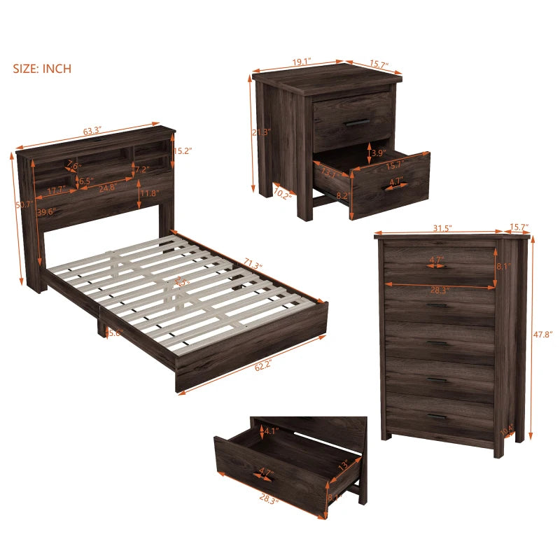 4-Pieces Bedroom Sets Queen Size Vintage Wooden Bed Frame with 2 Nightstands and 1 Dresser,Dark Walnut.