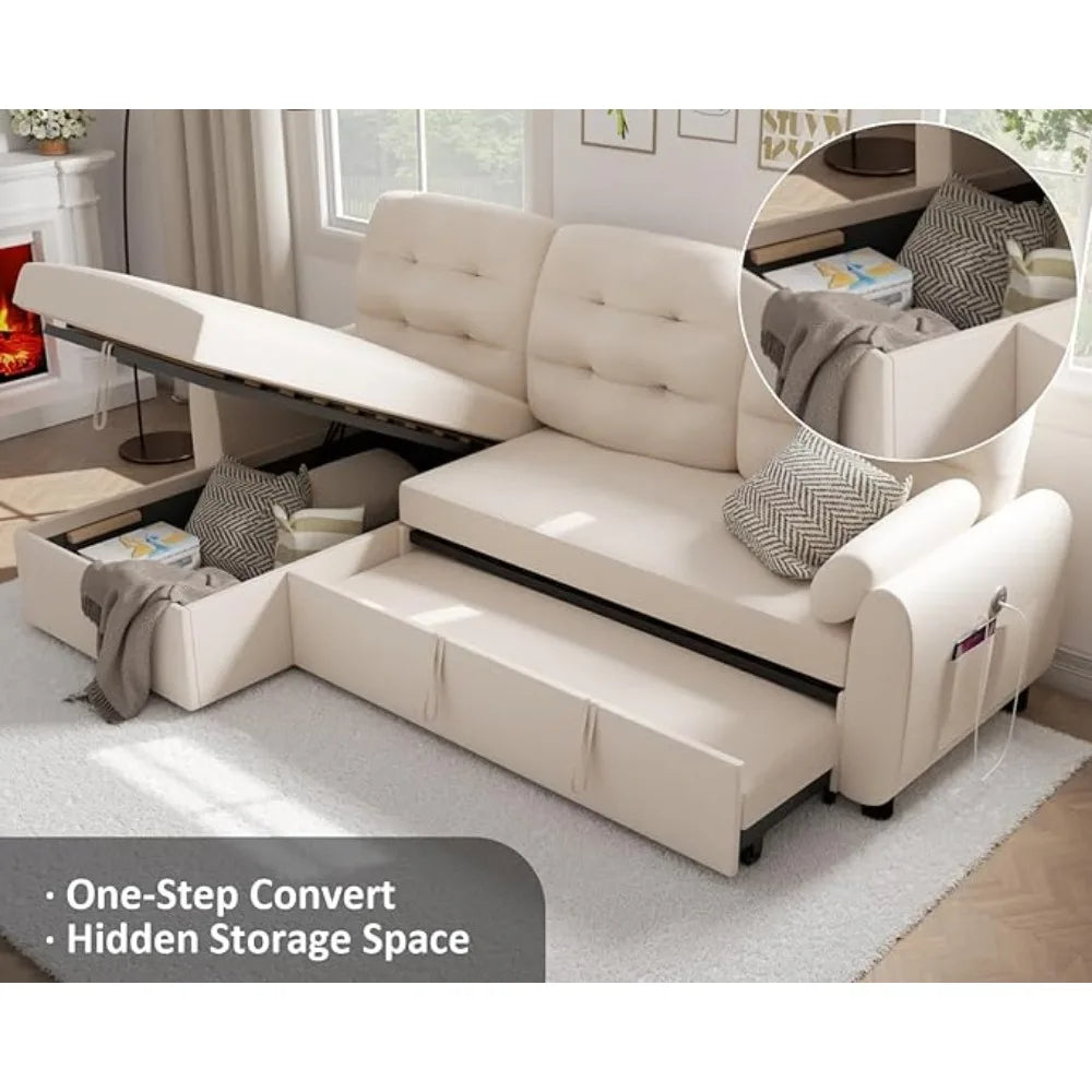 Sofa Bed with Reversible Storage Chaise Pull Out Couch for Living Room