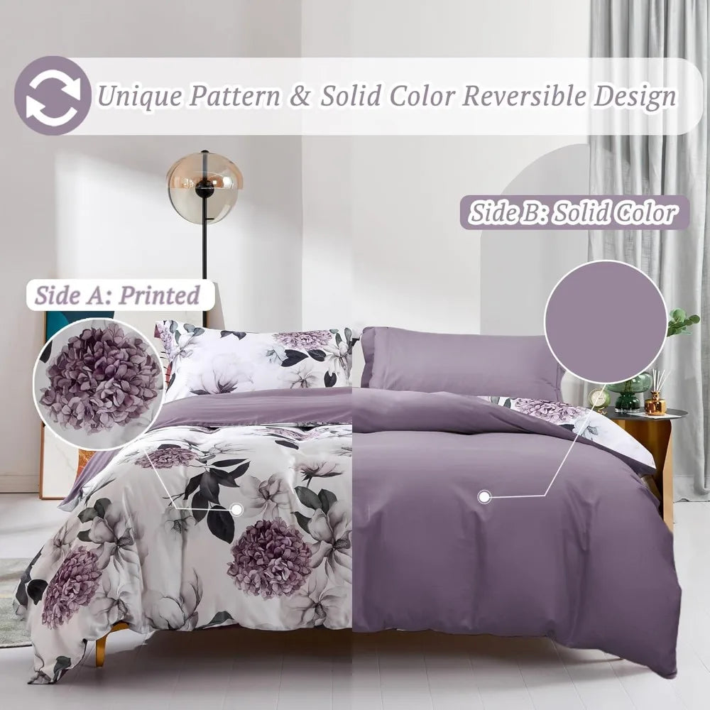 Long-Staple Cotton Duvet Cover Set Purple Hydrangea Lotus Flower Pattern Printed Comforter Cover 3pcs, Ultra Soft